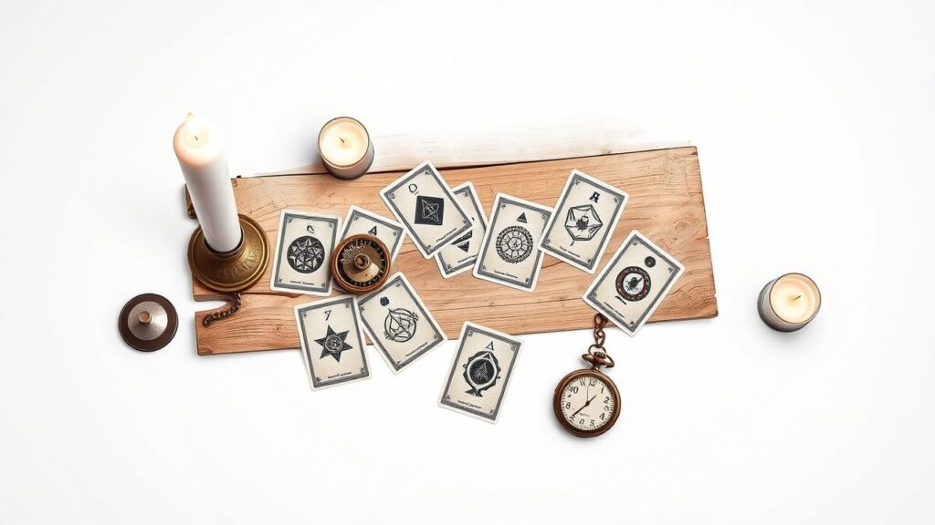 Een mystieke tafelsetting met tarotkaarten en een oude zakhorloge.