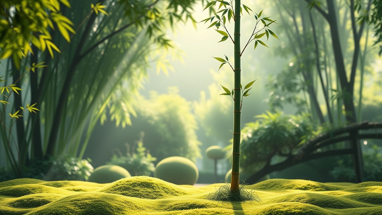 Twee bamboe stelen staan in een rustige Japanse tuin.