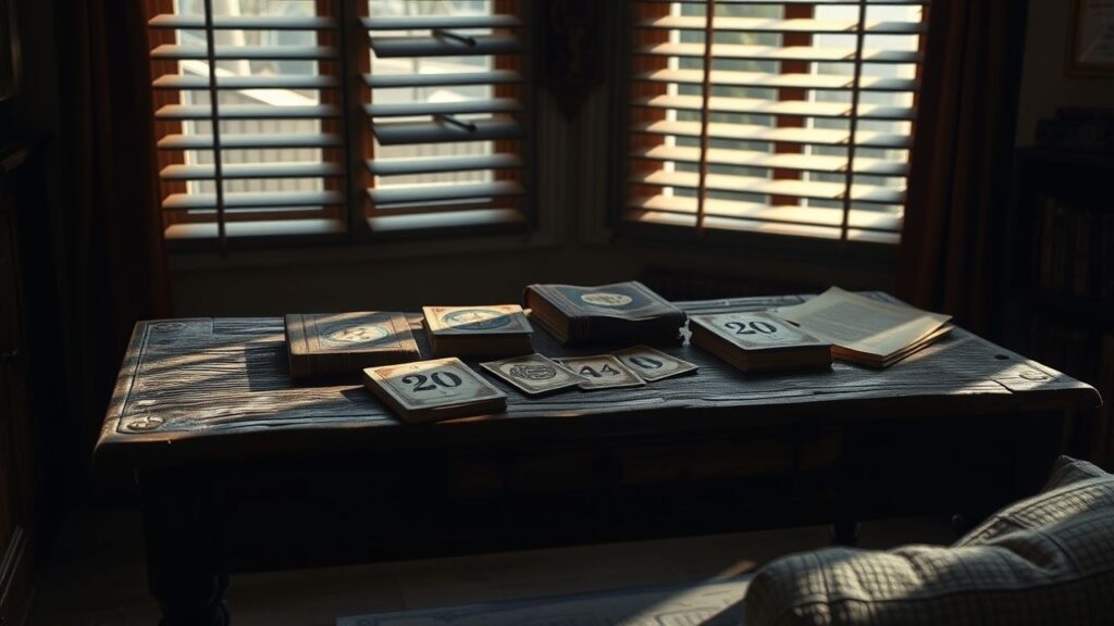 Een tafel met oude, stoffige numerologieboeken en versleten tarotkaarten.