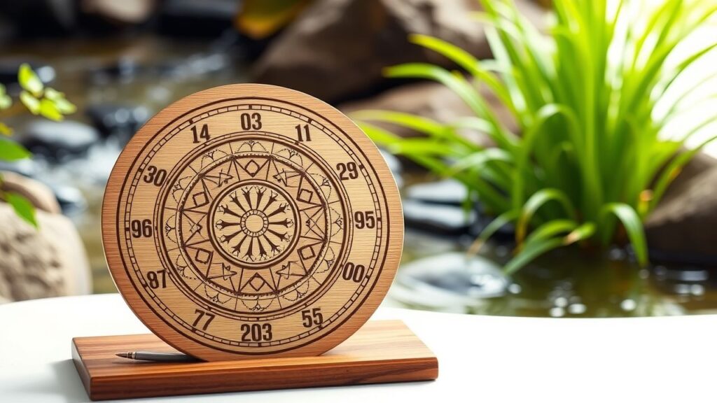 Een houten numerologiekaart met natuurlijke elementen voor persoonlijke groei in 2024.