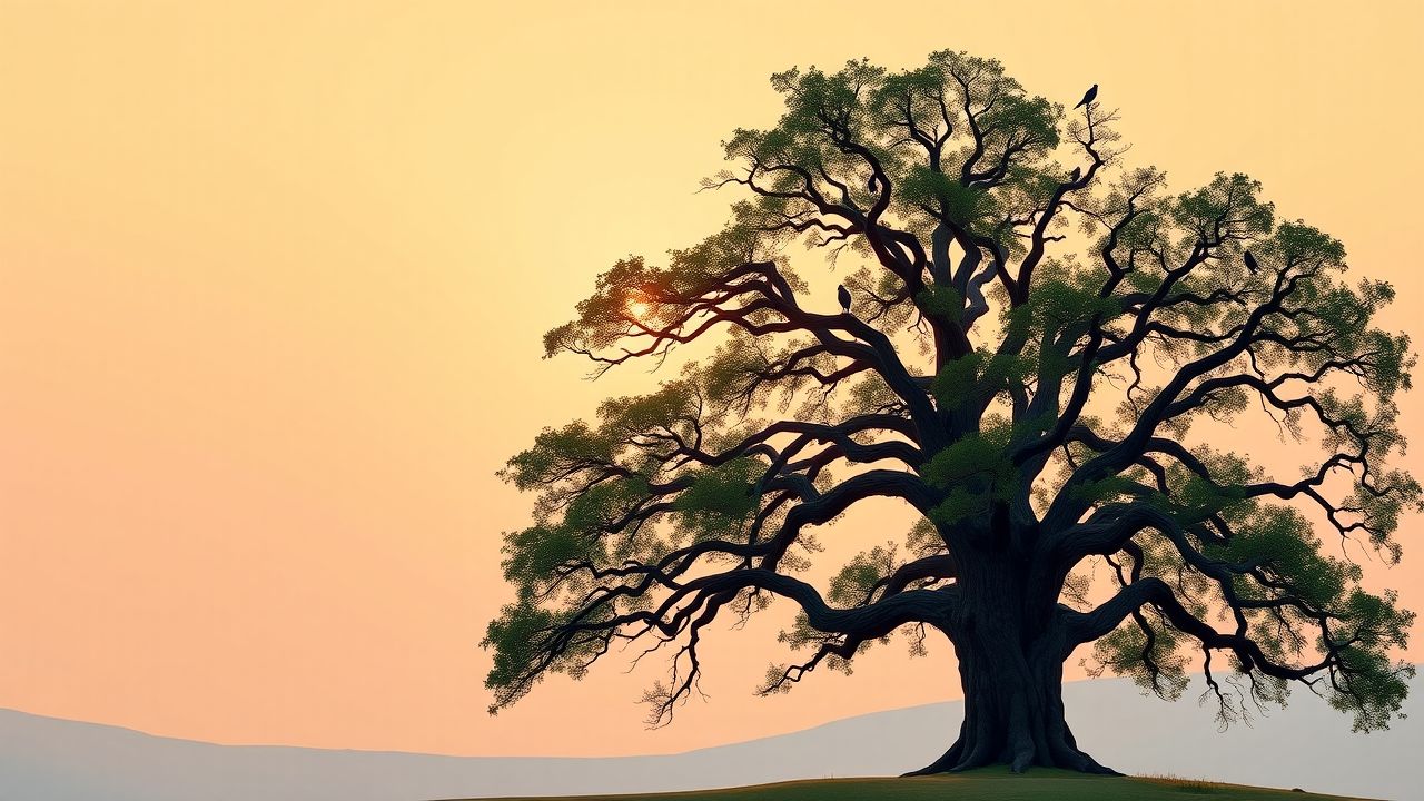 Een oude eikenboom staat tegen een vredige zonsopgang.
