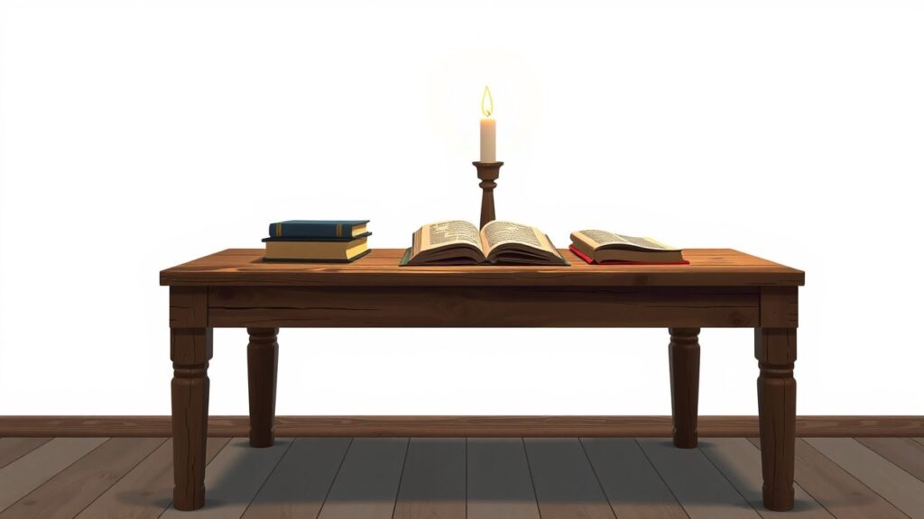 Op een verweerde houten tafel liggen oude numerologieboeken en een kaars.