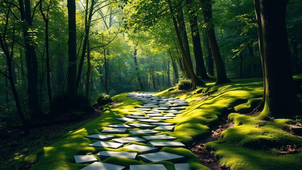 Een mosbedekte stenen pad slingert door een weelderig bos.