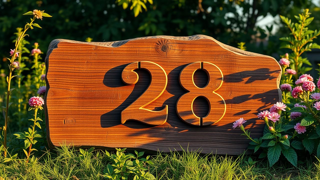 Een verweerd houten bord met het nummer 28 in een weelderige tuin. Een verweerd houten bord met het nummer 28 in een weelderige tuin.