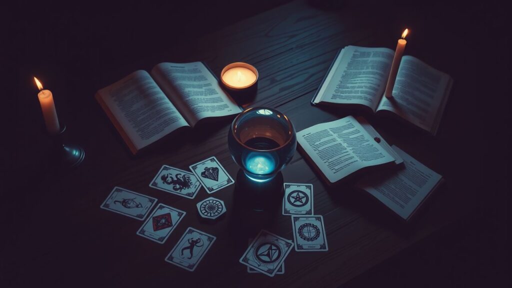 Een mystieke tarot-leestafel met kristallen bal en kaarslicht.