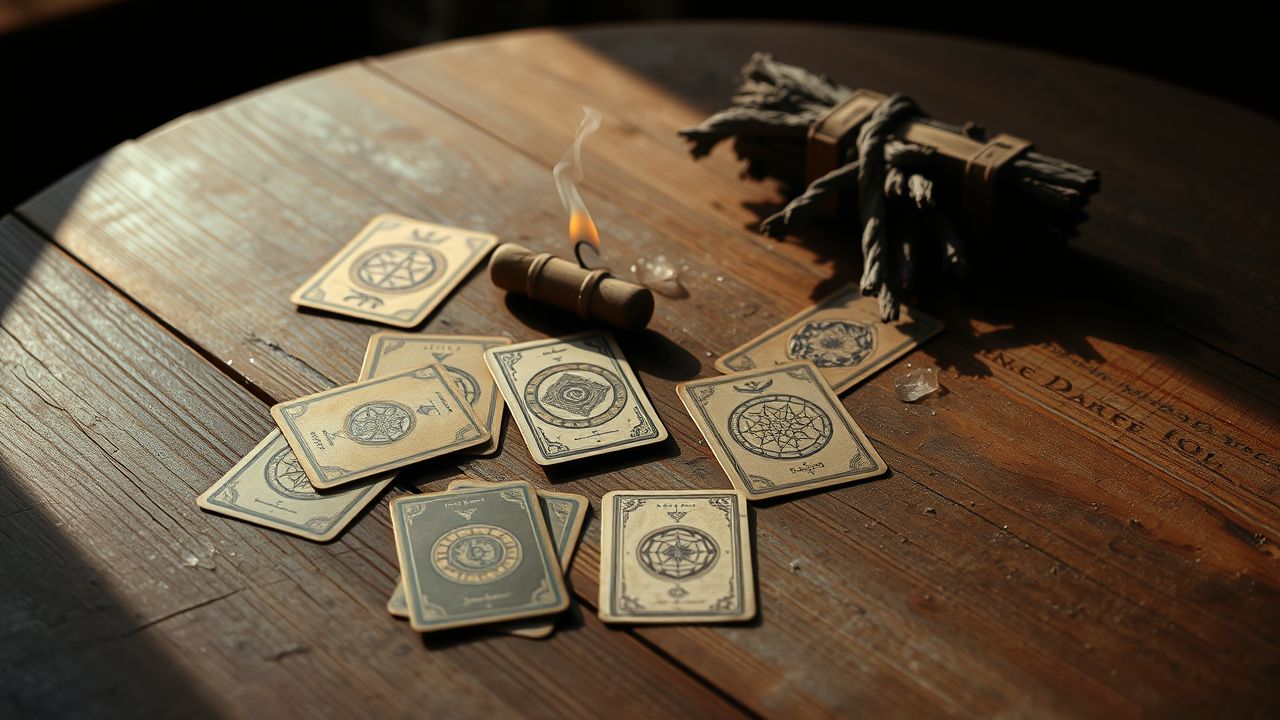 Een oude houten tafel met vintage tarotkaarten en brandende salie.