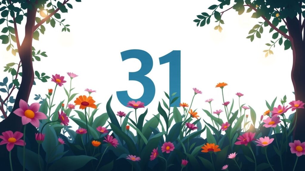 Een serene tuinsetting met het nummer 31 in een platte ontwerpstijl.