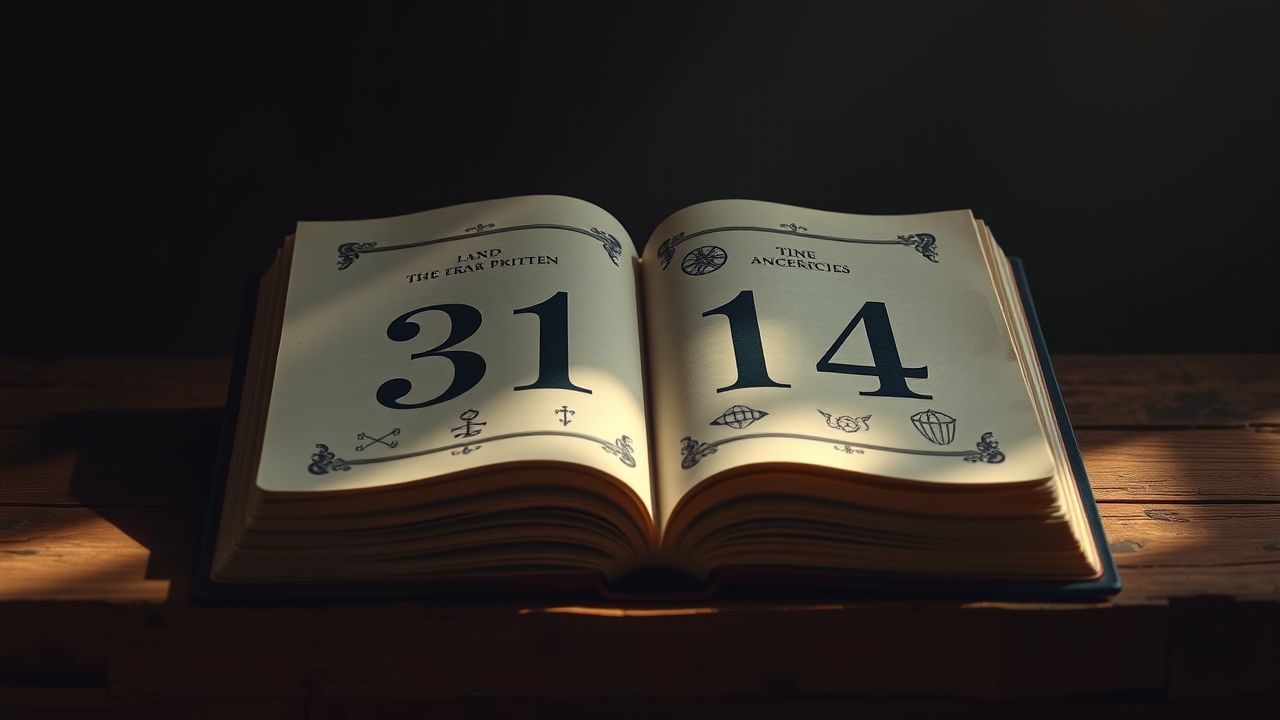 Een oude, versleten boek met mystieke symbolen en cijfers.