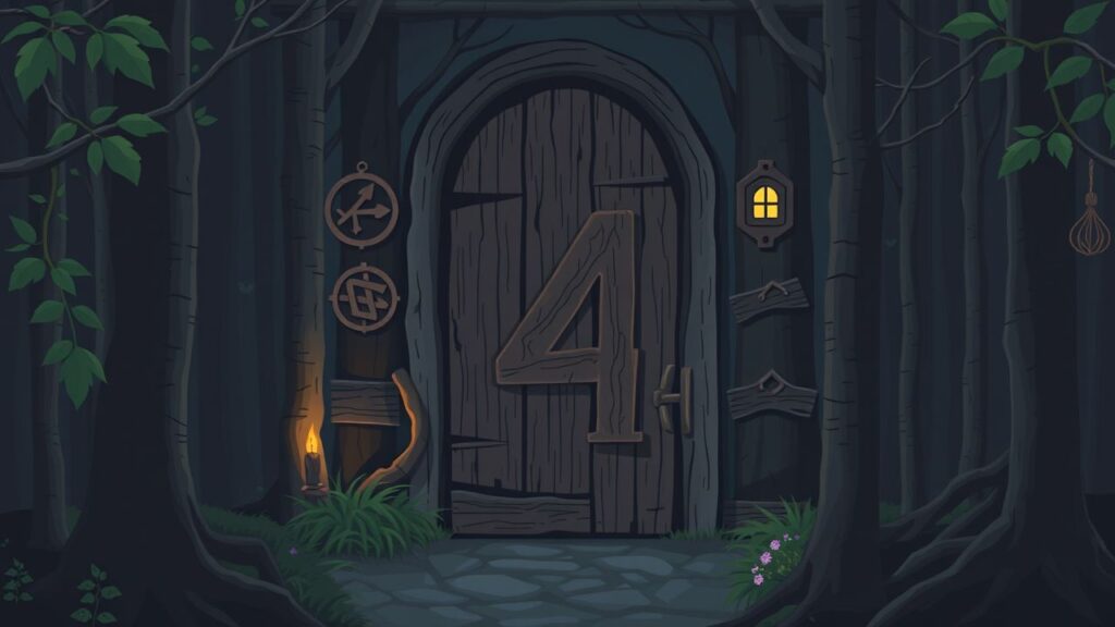 Een rustieke houten deur met het nummer 4, omgeven door symbolen van kracht en groei, in een bosachtige omgeving.