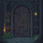 Een rustieke houten deur met het nummer 4, omgeven door symbolen van kracht en groei, in een bosachtige omgeving.