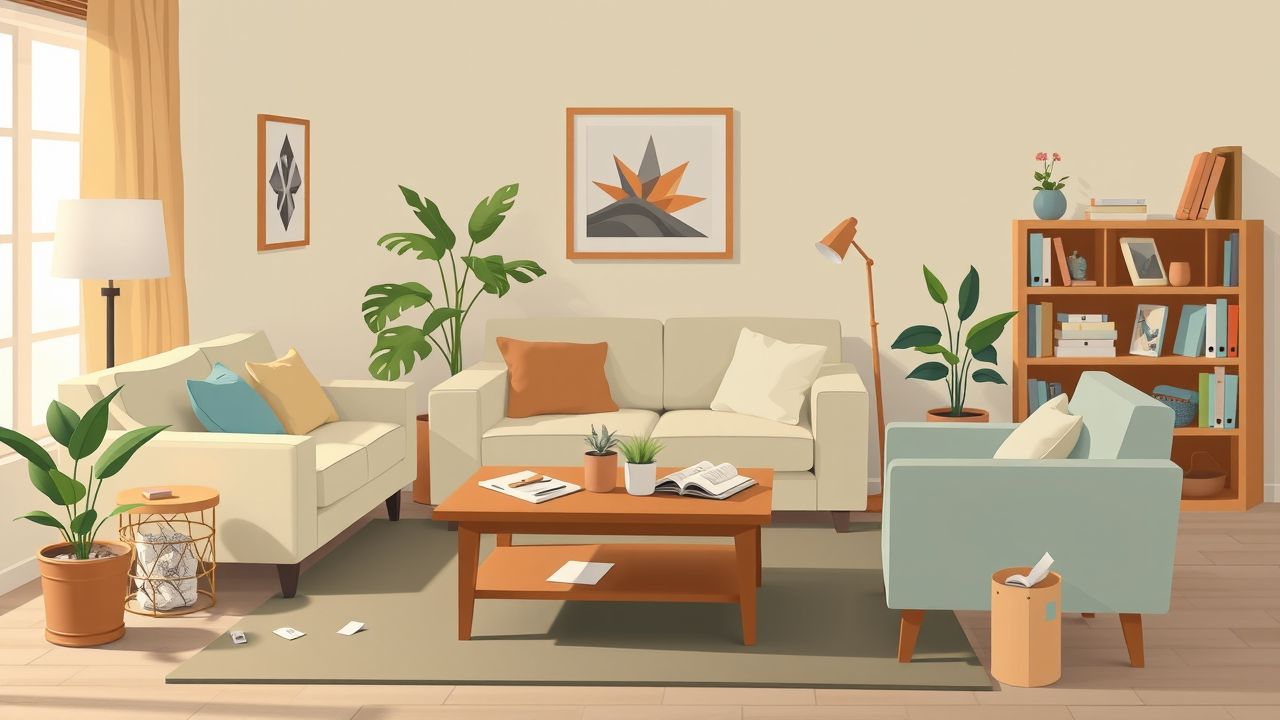 Een gezellige woonkamer met een vleugje wanorde en warmte.