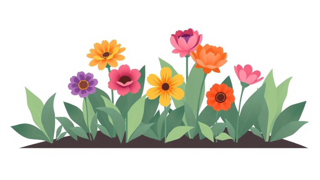 Een rustige tuin met bloeiende bloemen in plat designstijl.