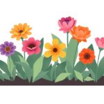 Een rustige tuin met bloeiende bloemen in plat designstijl.