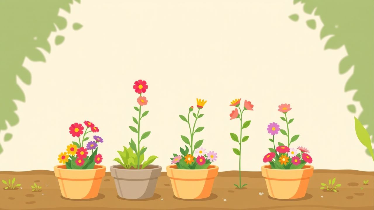 Een tuin met zes kleurrijke bloempotten, een gevoel van balans en overvloed. Een tuin met zes kleurrijke bloempotten, een gevoel van balans en overvloed.
