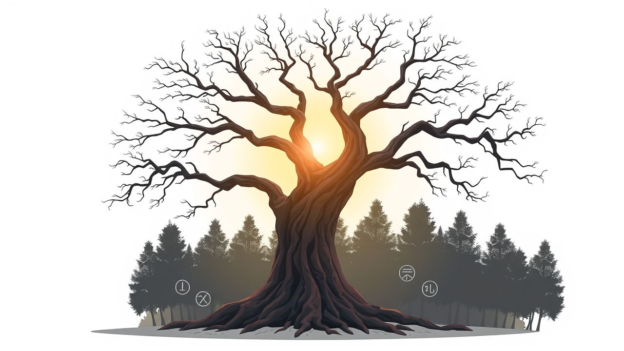 Een oude boom met zeven takken in een mystiek bos.