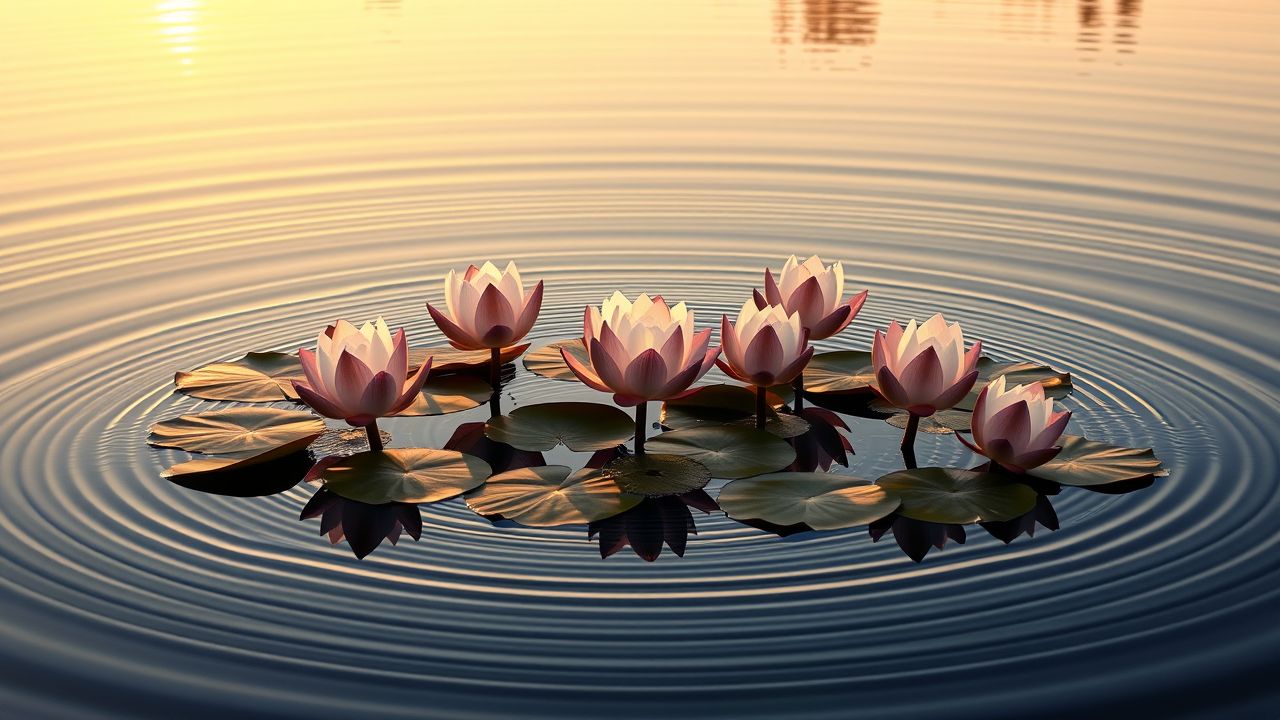 Een kalme vijver met bloeiende lotusbloemen bij zonsondergang. Een kalme vijver met bloeiende lotusbloemen bij zonsondergang.