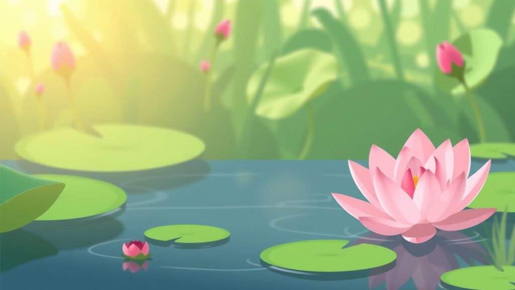 Een serene tuinscène met een bloeiende lotusbloem op een vijver.