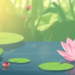 Een serene tuinscène met een bloeiende lotusbloem op een vijver.