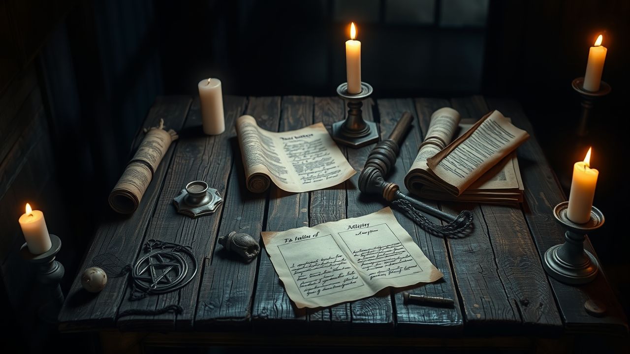 Een oude tafel bedekt met eeuwenoude scrolls en artefacten.