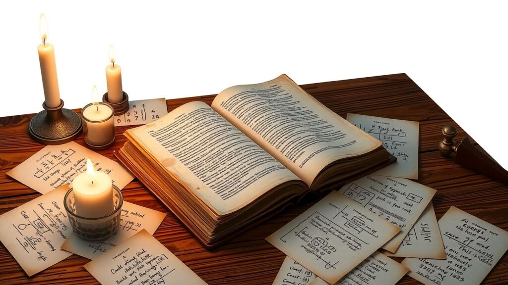Een oude open boek met handgeschreven berekeningen op tafel.
