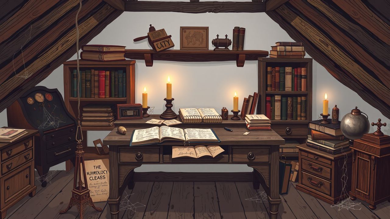 Een rommelig oud bureau in een gezellige zolderkamer, vol met oude brieven en boeken.