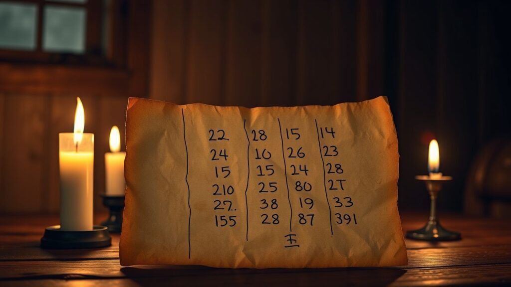Een versleten stuk papier bedekt met handgeschreven nummers en symbolen.