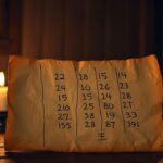 Een versleten stuk papier bedekt met handgeschreven nummers en symbolen.