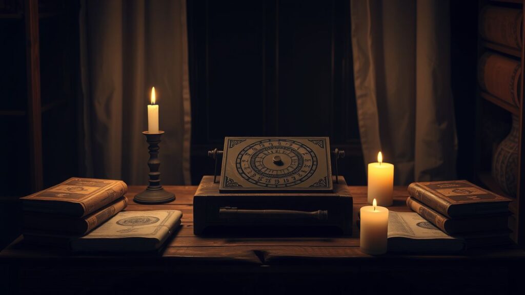 Een numerologie calculator omringd door oude boeken in een donker verlichte kamer.