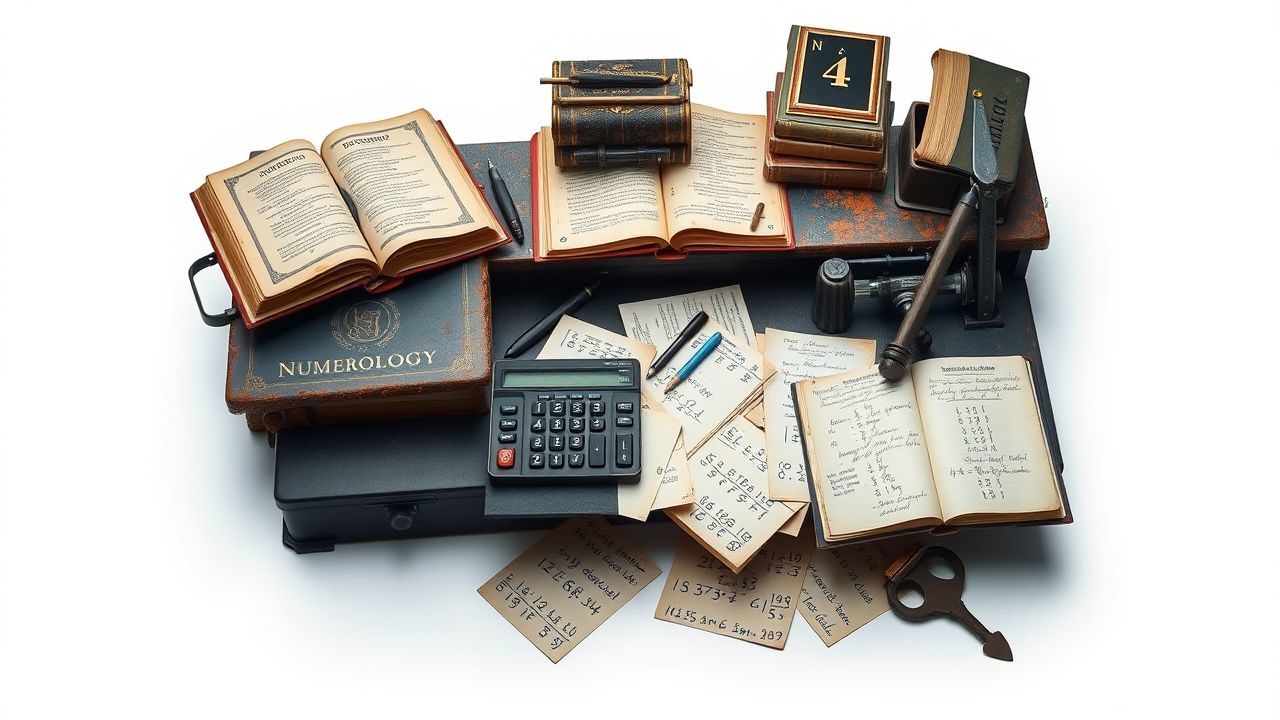 Een oude, rommelige numerologie bureau met boeken en gereedschappen.