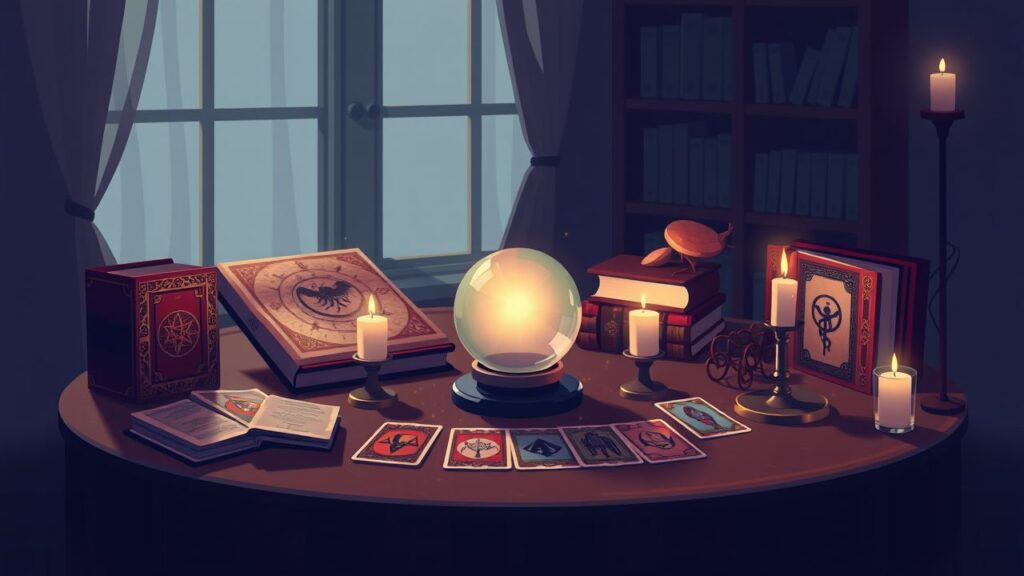 Een tafel met numerologie boeken, tarotkaarten en een kristallen bol.