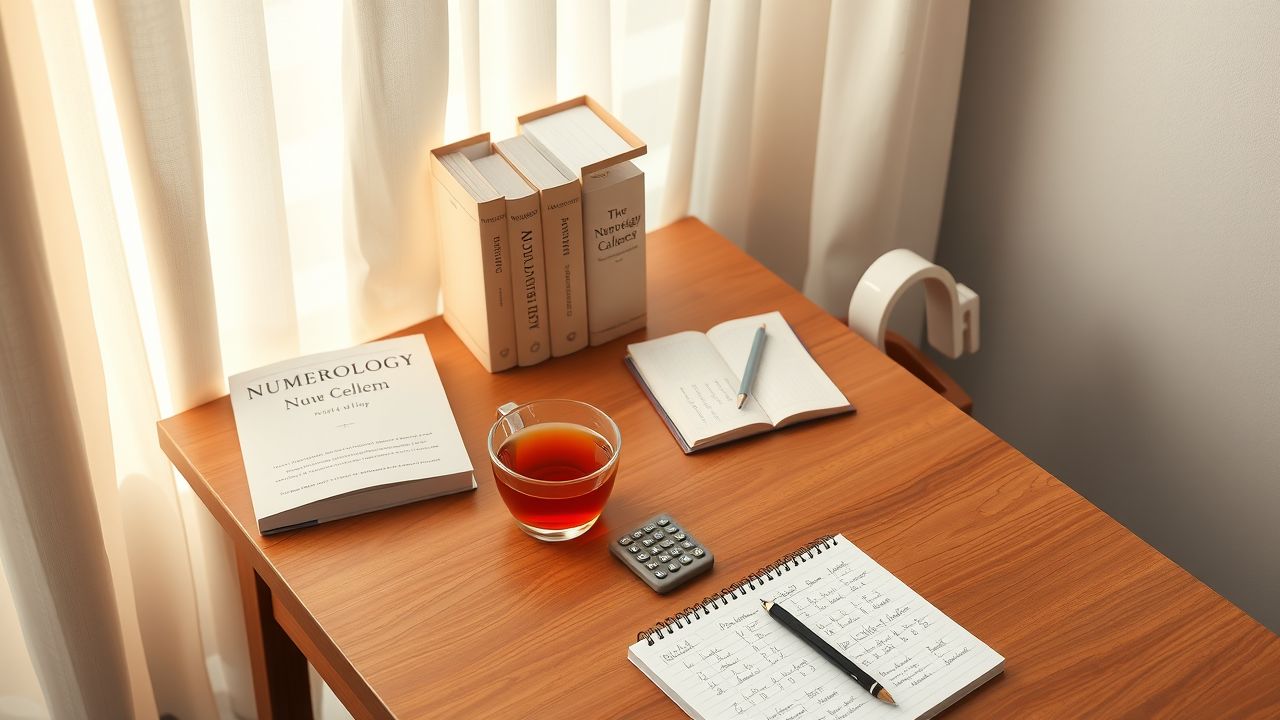 Een comfortabele thuiskantoor met een houten bureau, boeken over numerologie en een warm kopje thee. Een comfortabele thuiskantoor met een houten bureau, boeken over numerologie en een warm kopje thee.