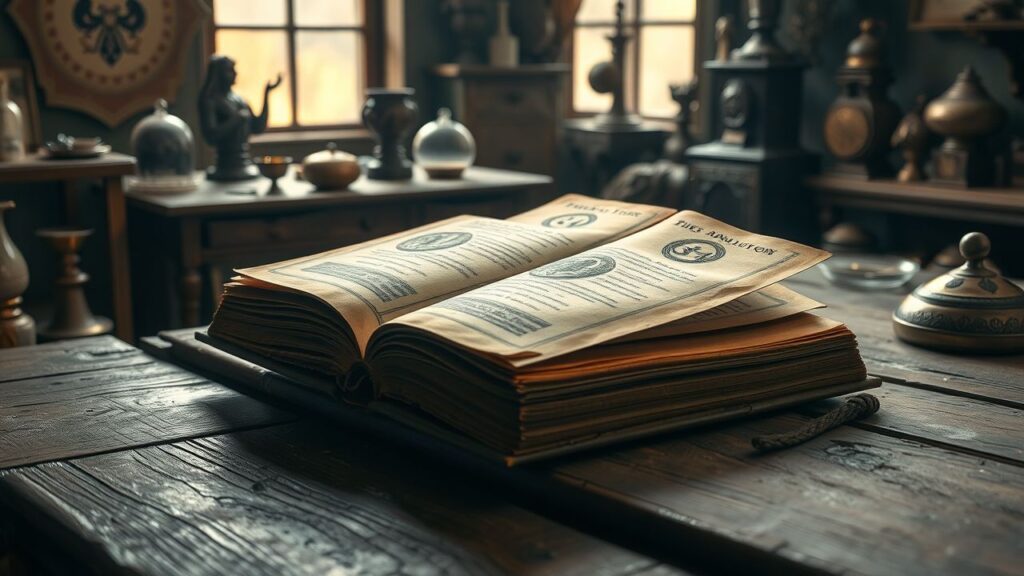 Een open oud boek met numerologie symbolen ligt op een houten tafel.