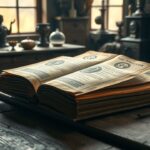 Een open oud boek met numerologie symbolen ligt op een houten tafel.