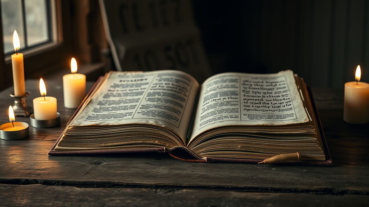 Een oude set numerologieboeken omringd door kaarsen op een tafel.