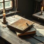 Een verwaarloosde tafel met oude boeken en een dagboek.