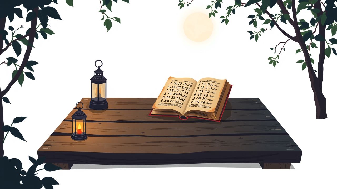Een oude, versleten houten dek met een open numerologie boek. Een oude, versleten houten dek met een open numerologie boek.