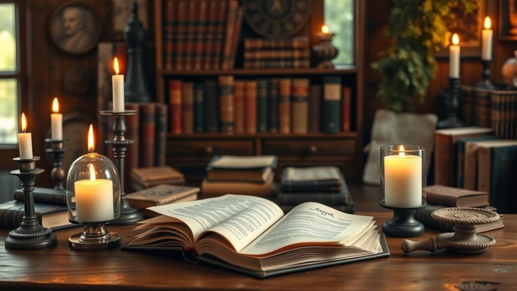 Een open boek over numerologie omringd door antieke boeken in een gezellige studeerkamer.