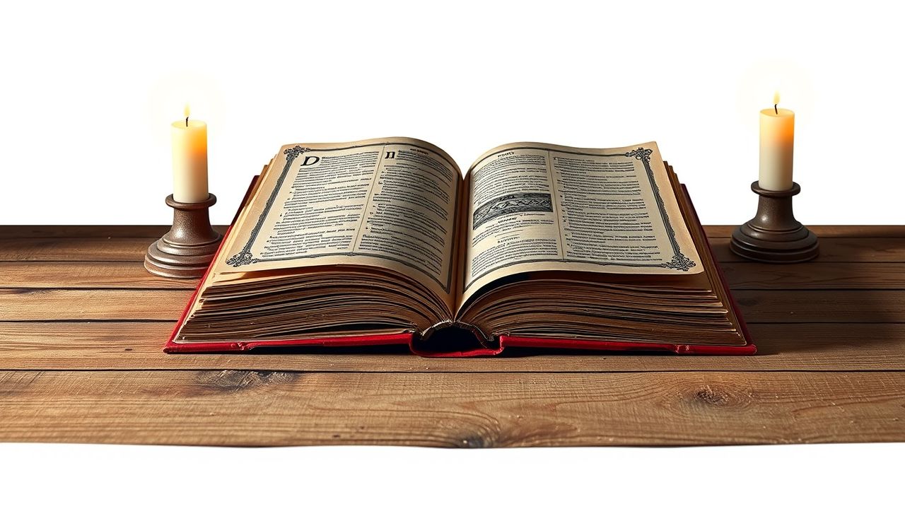 Een open oud boek over numerologie op een houten tafel.