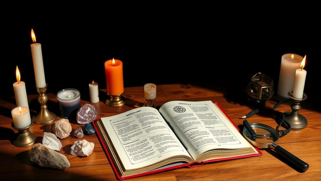 Een open mystiek numerologie boek met kaarsen, kristallen en een vergrootglas.