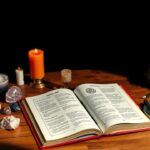 Een open mystiek numerologie boek met kaarsen, kristallen en een vergrootglas.