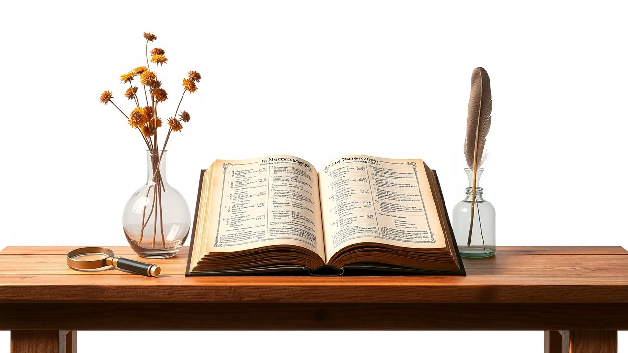 Een mystieke setting met een open boek over numerologie.