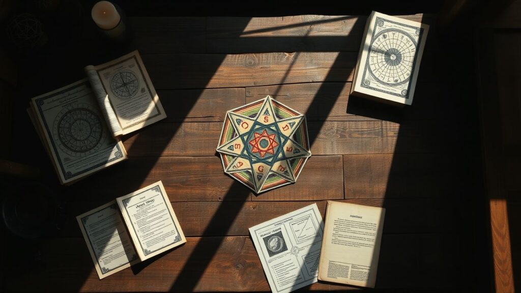 Een pentagram van vintage numerologiekaarten op een oude houten tafel.