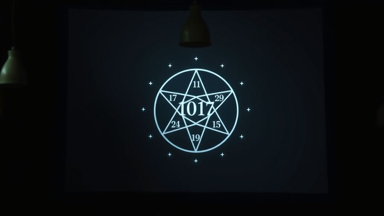 Een pentagram met geboortedatum omringd door twinkeling sterren in donkere kamer.