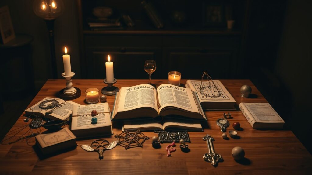 Een houten tafel bedekt met oude numerologieboeken en symbolische objecten.