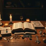 Een houten tafel bedekt met oude numerologieboeken en symbolische objecten.