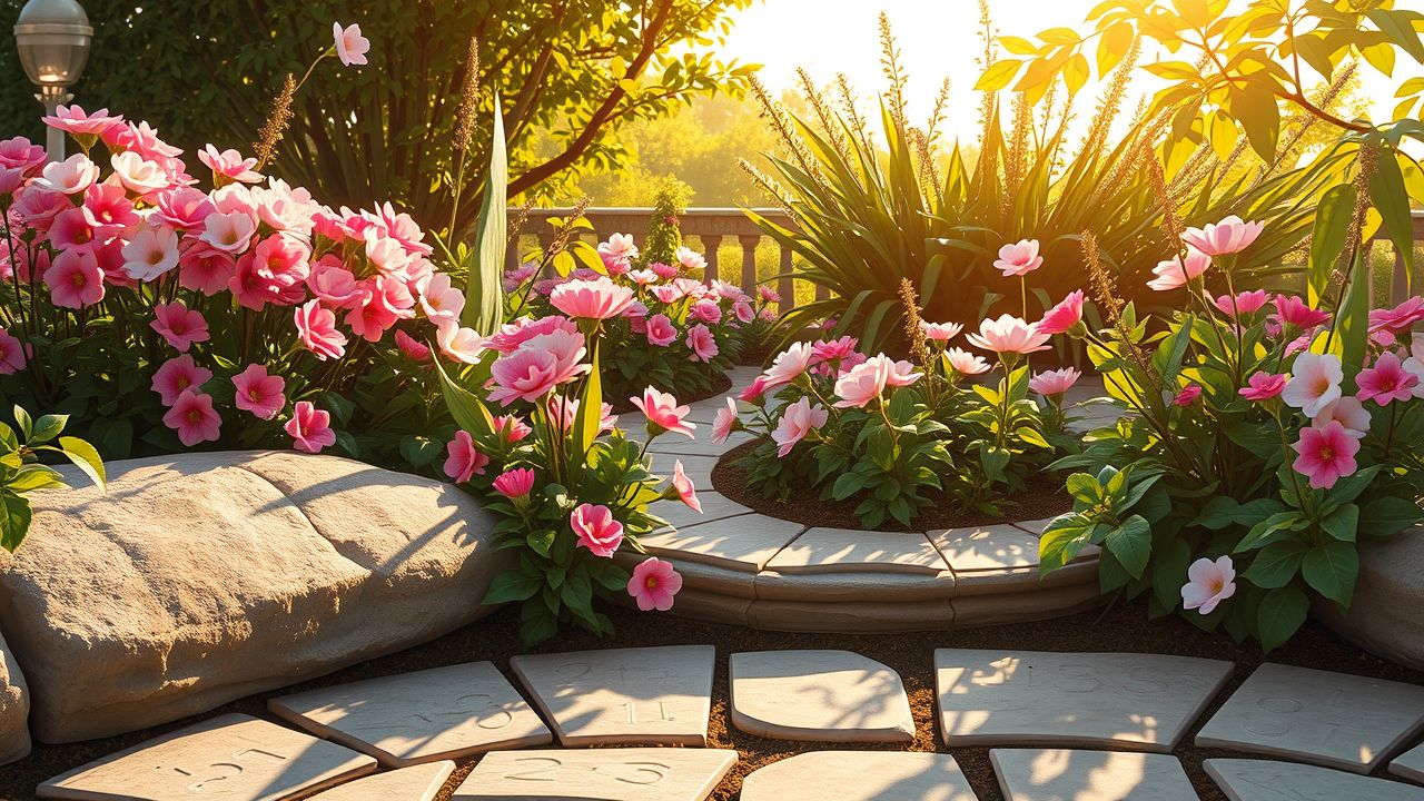 Een rustige tuin met bloeiende bloemen en cijfers in steen. Een rustige tuin met bloeiende bloemen en cijfers in steen.