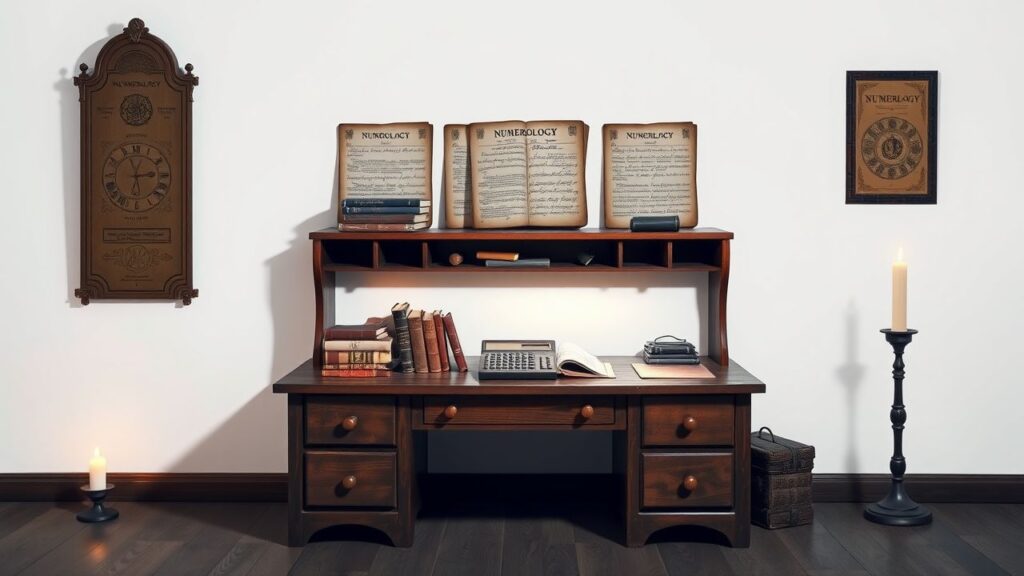 Een vintage bureau met numerologie boeken en oude rekenmachine.