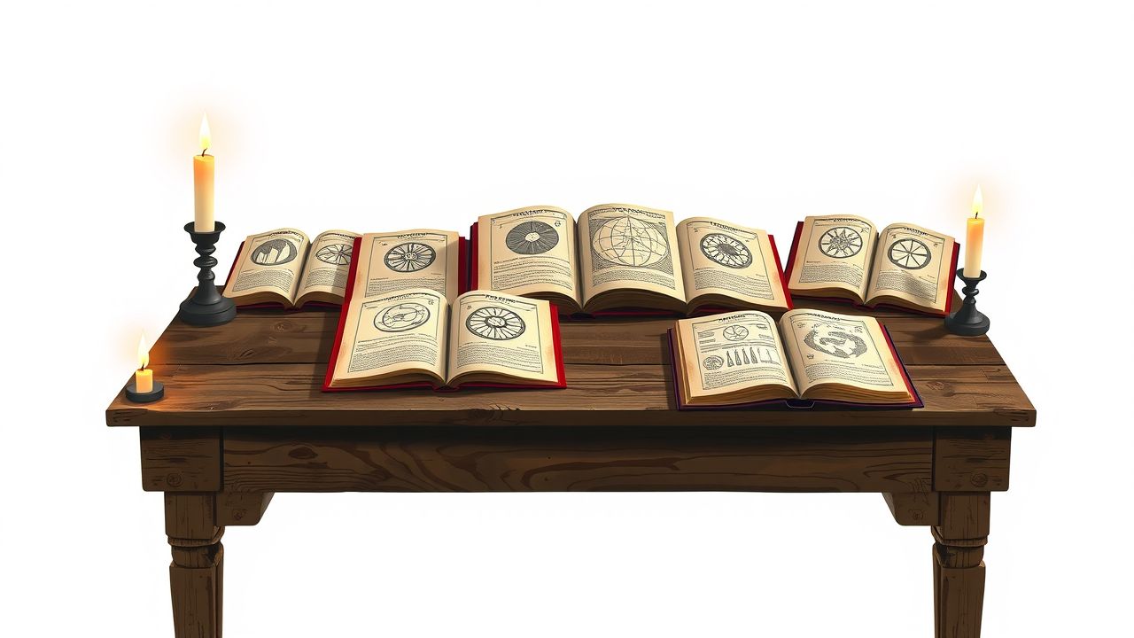 Een oude tafel met numerologieboeken en kaarslicht. Een oude tafel met numerologieboeken en kaarslicht.