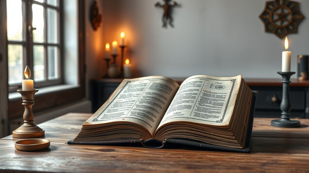 Een oude numerologie boek op tafel met mystieke symbolen.