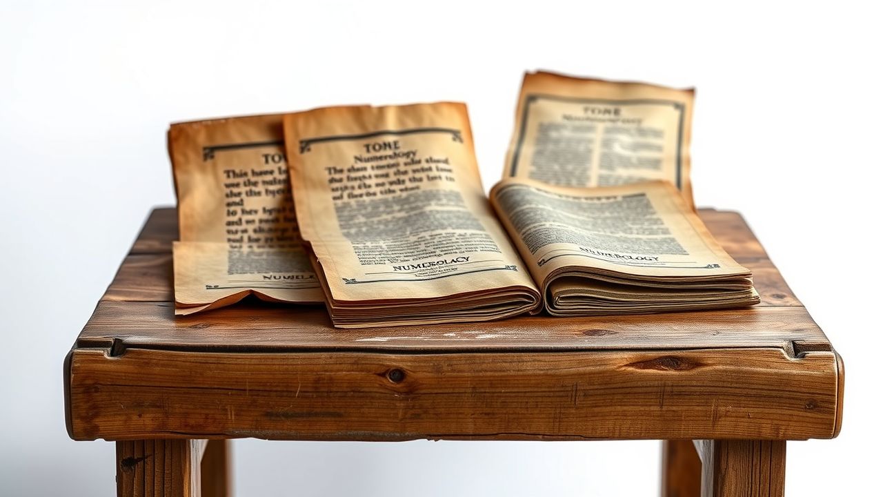 Een houten tafel met oude boeken en rollen over numerologie.